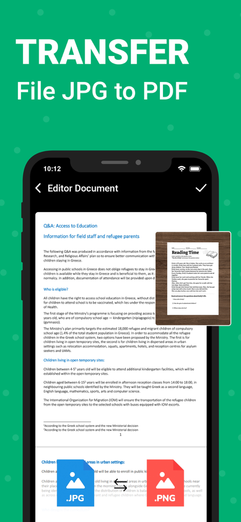 Interface de l'application mobile OKEN montrant un document en cours de conversion de JPG en PDF.