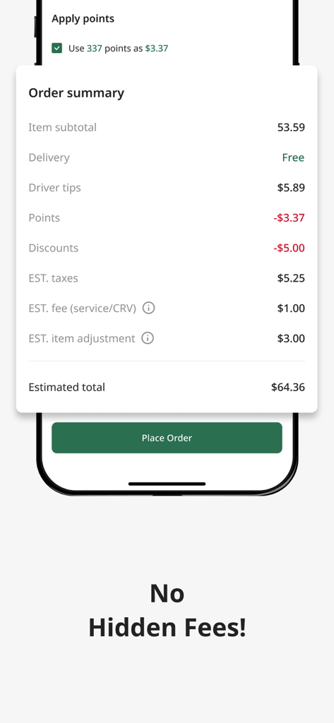 Tela de checkout do aplicativo 99 Ranch Market mostrando um resumo do pedido com preços transparentes e pontos de recompensa aplicados.