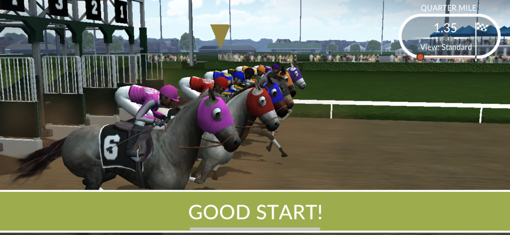 Photo Finish Horse Racing - Horses and jockeys launching from the starting gate in a horse racing simulation game