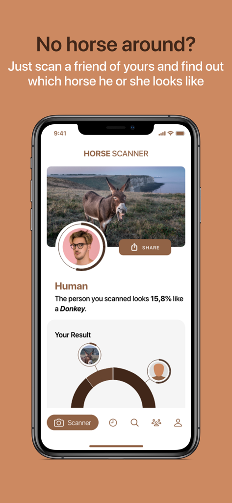 Una captura de pantalla de la aplicación Horse Scanner que muestra una función donde una persona se compara con una raza de burro