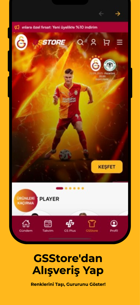 GSPlus app screen showing the official Galatasaray GSStore for purchasing team merchandise.