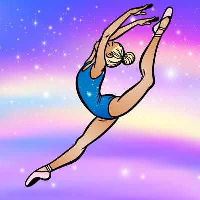 gymnast doing a leap in a leotard with a bent back leg
