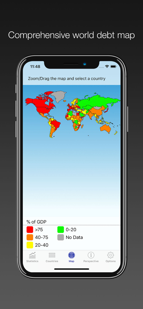World map showing national debt as a percentage of GDP