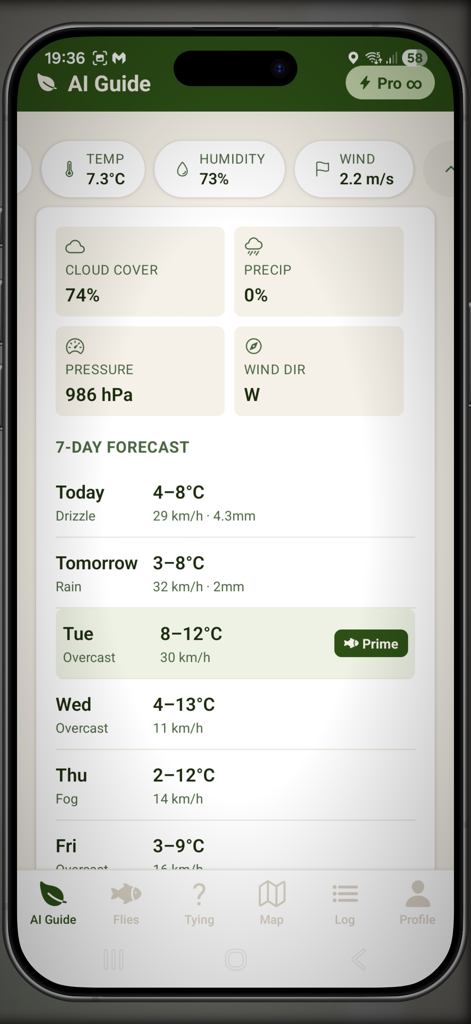 Fly Guide By HookedOnFlies - AI-powered weather forecast screen showing current fishing conditions and a 7-day outlook for fly anglers.