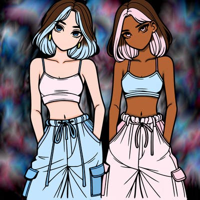two girls with crop top with baggy pants