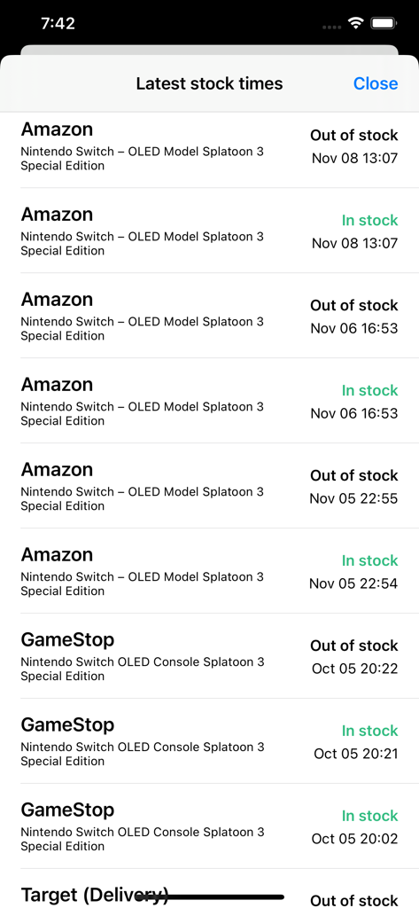 A history log showing latest stock times and status for a Nintendo Switch console across retailers like Amazon and GameStop