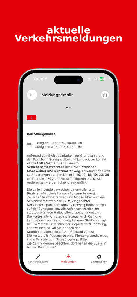 VAG mobil app screenshot displaying detailed traffic alerts and construction updates for the Freiburg public transit system