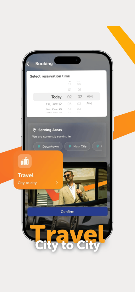 JTNY - Interface do aplicativo móvel JTNY para reserva de viagens de luxo de cidade a cidade com seleção de horário e opções de área de serviço.