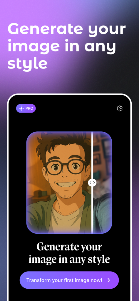 Genimage: AI Photo Remaker - Interface do aplicativo Genimage mostrando uma comparação de tela dividida de uma foto real sendo transformada em um estilo de anime.