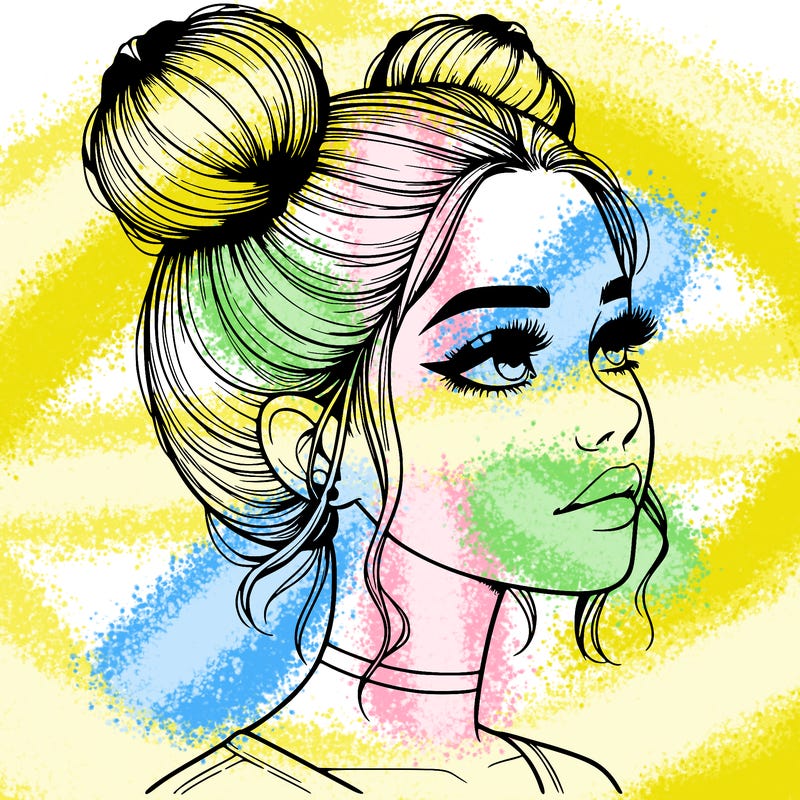 realistic girl with buns on the top of her head