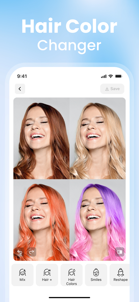 Hair AI: Hairstyle Filter, Cut - Uno schermo di un'app mobile che mostra una donna che prova quattro diversi colori di capelli tra cui biondo, arancione e viola utilizzando un filtro AI.