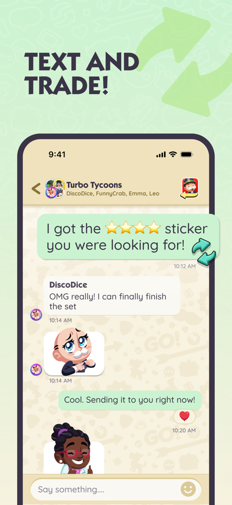 MONOPOLY GO!Chat - A chat interface in the MONOPOLY GO!Chat app where players coordinate sticker trades and use character emojis.