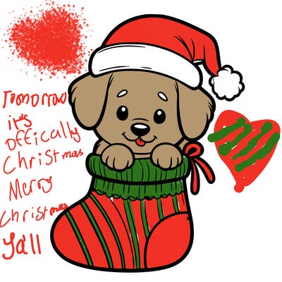 cute puppy wearing santa hat in socking