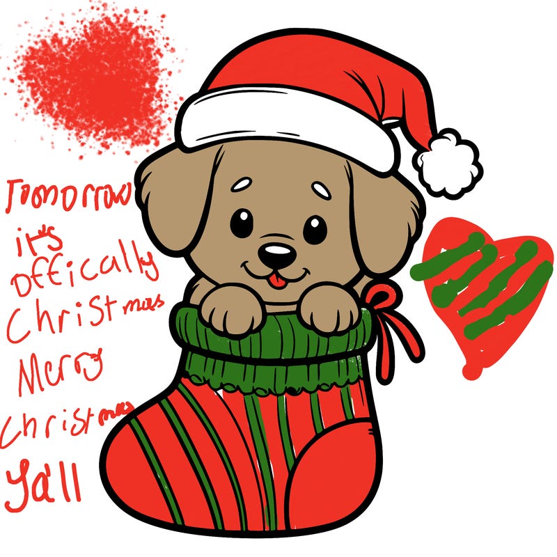 cute puppy wearing santa hat in socking