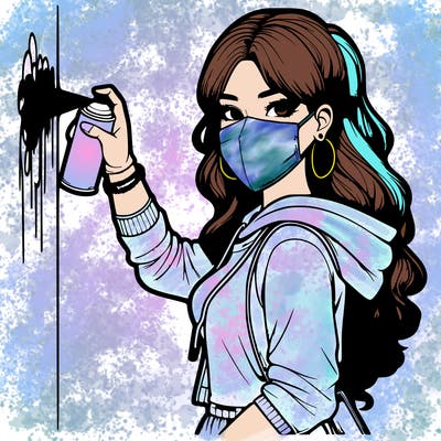 realistic girl with mask spray painting a wall