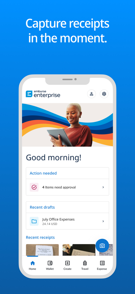 Emburse Enterprise mobile app home screen showing expense approvals and receipt capture dashboard
