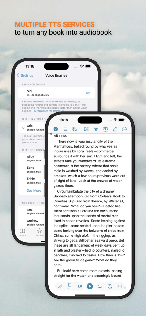 Zwei iPhone-Bildschirme, die die TingYue App-Stimm-Engine-Einstellungen und eine Textlese-Oberfläche mit integrierten Text-zu-Sprache-Steuerungen anzeigen