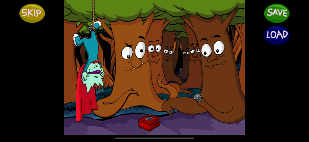 Pajama Sam hanging upside down in a forest of talking trees