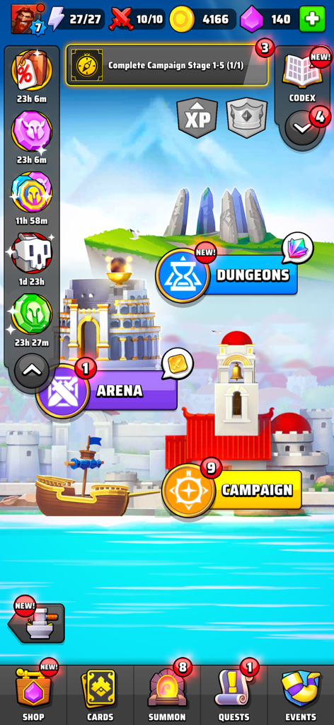 Hauptmenü von Black Deck Card Battle TCG, das die Spielmodi Kampagne, Arena und Dungeons zeigt.