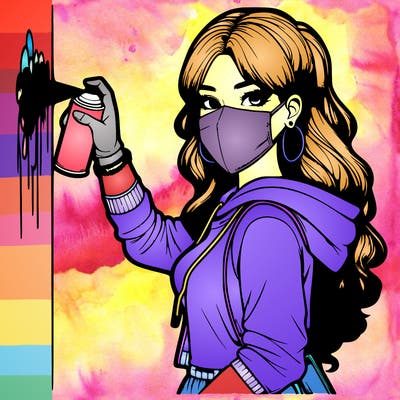 realistic girl with mask spray painting a wall