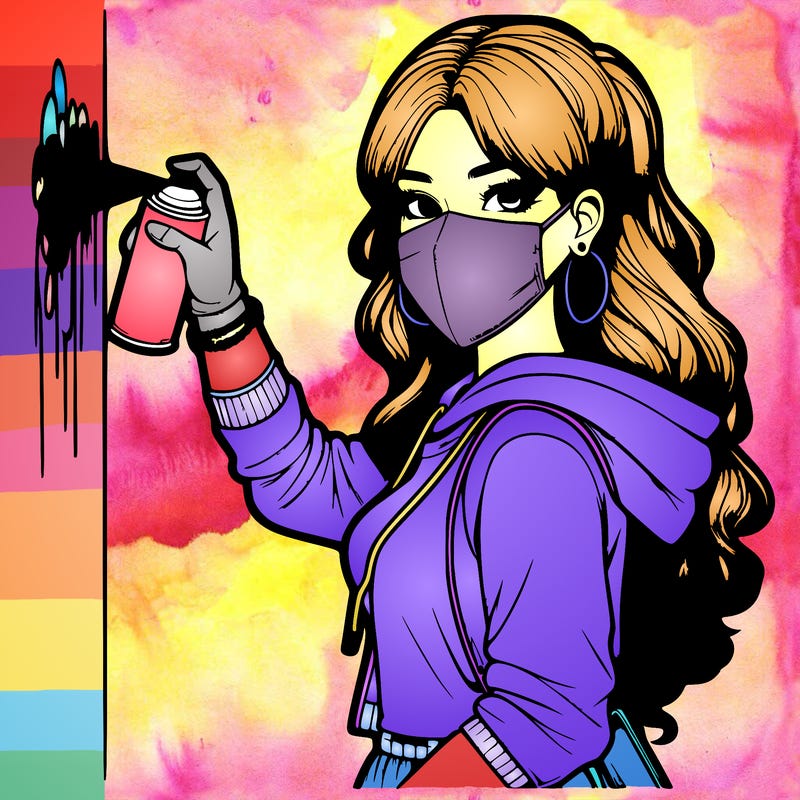 realistic girl with mask spray painting a wall