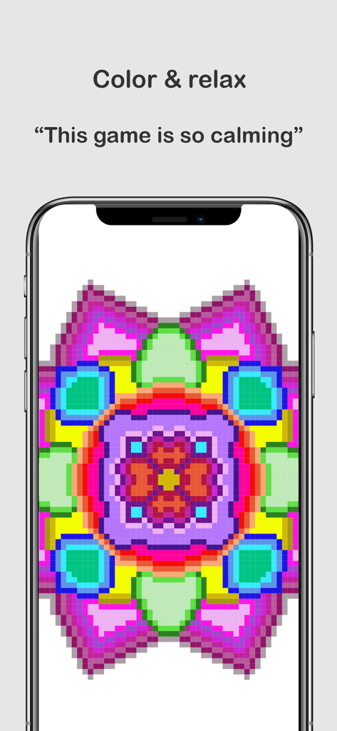 A smartphone displaying a colorful pixel art mandala with the text Color and relax