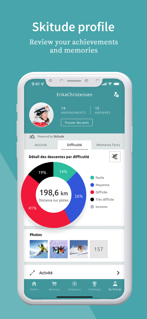 Chamrousse app Skitude profile screen showing skiing distance and slope difficulty statistics