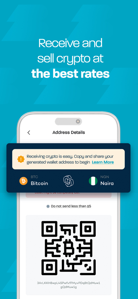 Breet app interface showing a Bitcoin wallet QR code and options to convert crypto to Nigerian Naira