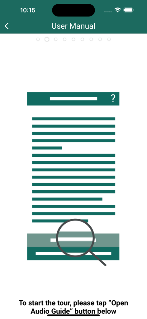 Imperial Palaces Guide - User manual screen of the Imperial Palaces Guide app with instructions to tap the Open Audio Guide button to start the tour