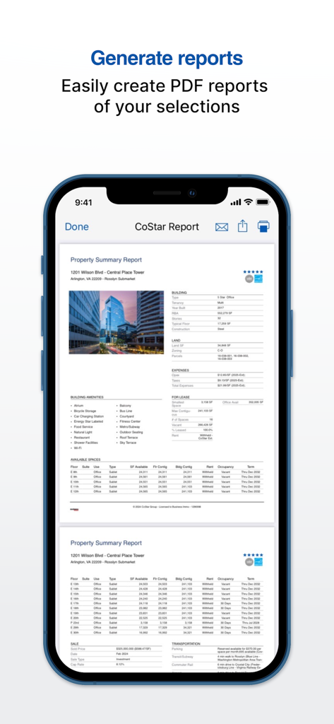 CoStar app displaying a detailed property summary report for a commercial building