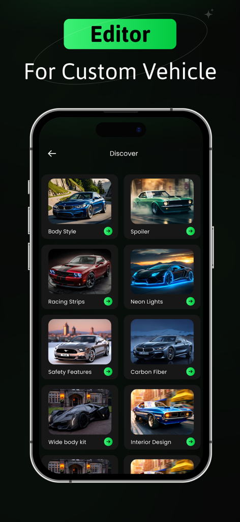 AI Car Designer: Car Modify AI - Interfaz de la aplicación Diseñador de Coches IA que muestra varias categorías de modificaciones de coches como estilo de carrocería, alerones y luces de neón