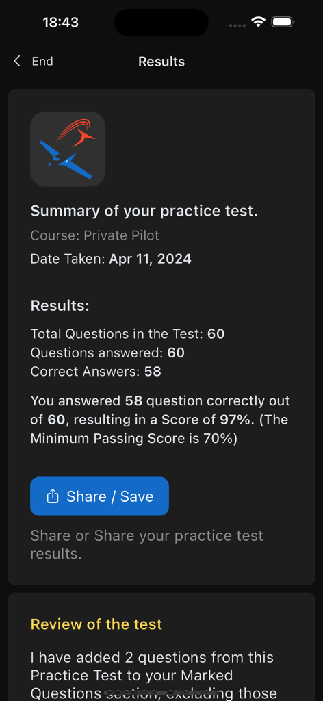 AirTest Pro - A summary screen of a private pilot practice test result showing a 97 percent score in the AirTest Pro application