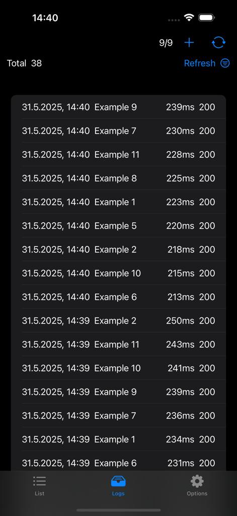 Uptimeモニターアプリのログ画面。サービス応答時間とステータスコードが表示されています。