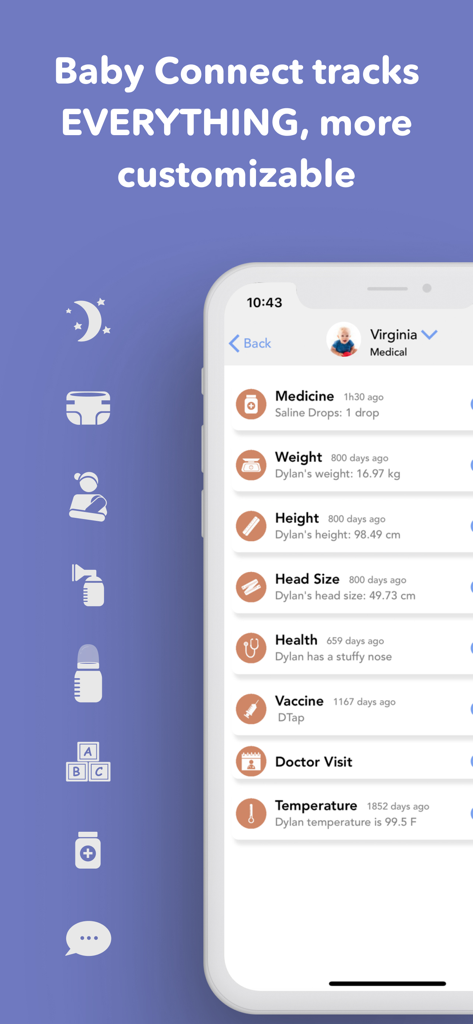 Baby Connect app screenshot showing medical health tracking for infants