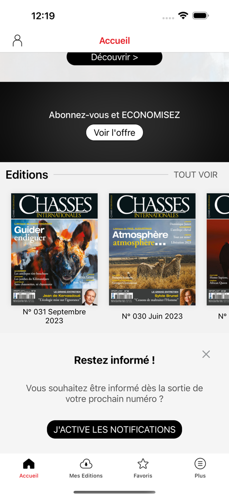 Chasses Internationales - Chasses Internationales app home screen displaying magazine editions and subscription offer