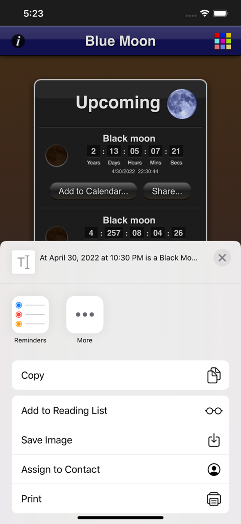 Blue Moon App interface showing a countdown to a Black Moon event and the iOS share menu options
