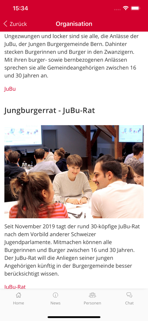 Screenshot der BGnet-App, der Informationen über den Jungbürgerrat mit einem Foto von jungen Menschen in einer Besprechung zeigt.