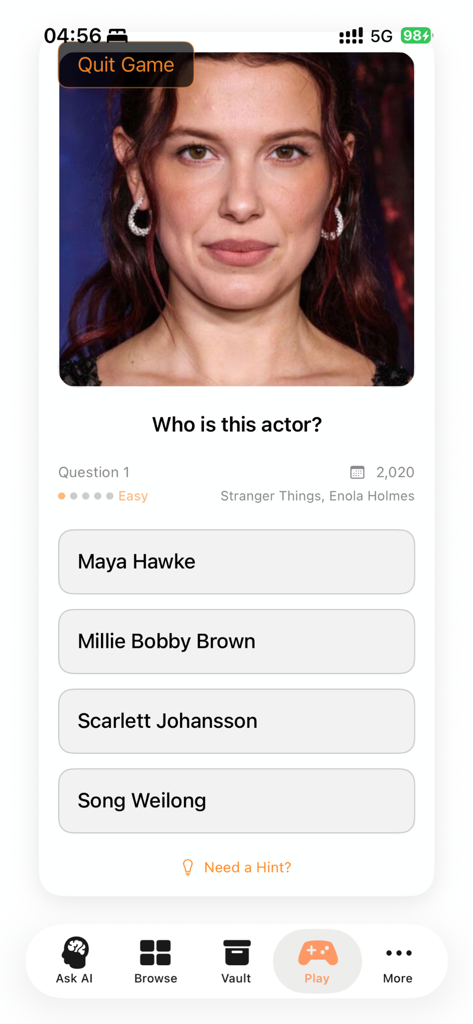 An actor trivia game screen within the Kiss AI app showing a photo of Millie Bobby Brown with multiple choice options.