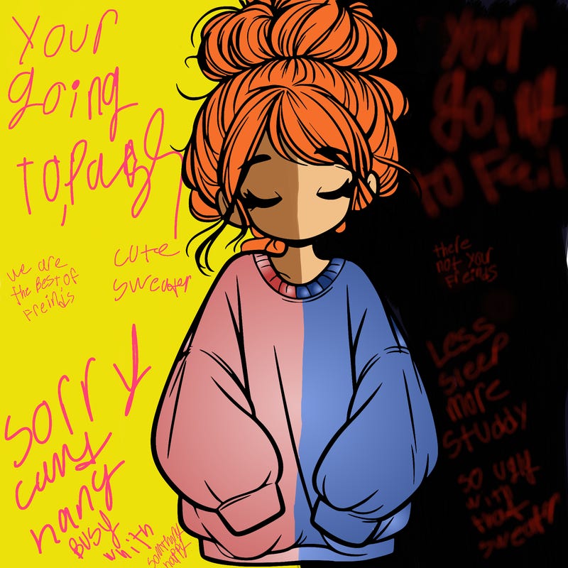 girl with baggy sweatshirt and messy bun