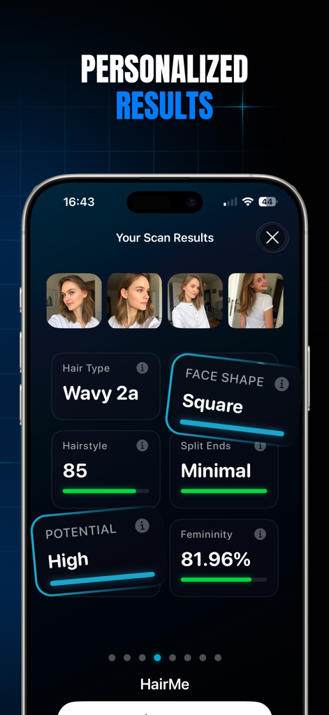 Interface de l'application HairMe affichant les résultats du scan IA pour la forme du visage, le type de cheveux et le potentiel d'attractivité.