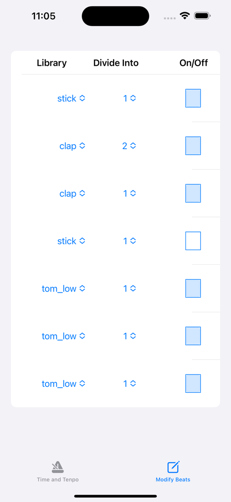 Beater - A screen from the Beater app showing options to customize individual beats with different sounds like stick and clap and adjust subdivisions.