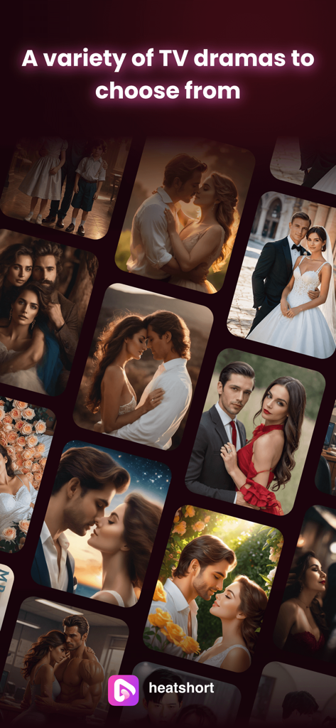 HeatShort - HeatShort app screen displaying a wide selection of romantic and dramatic short film covers