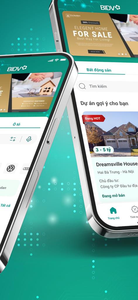BIDV Home app interface displaying real estate and car loan options in Vietnam
