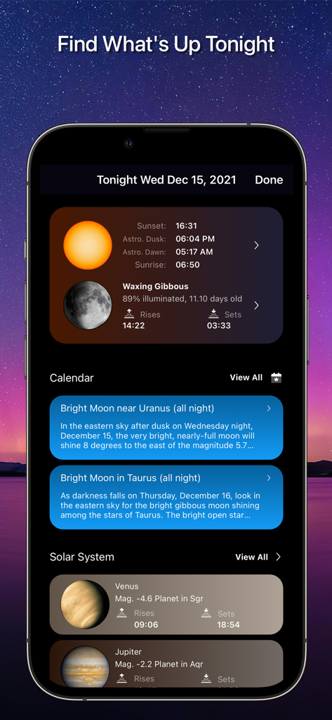 SkySafari - SkySafari 7のインターフェース。月齢と惑星の日の出時刻が表示された夜空のイベント。