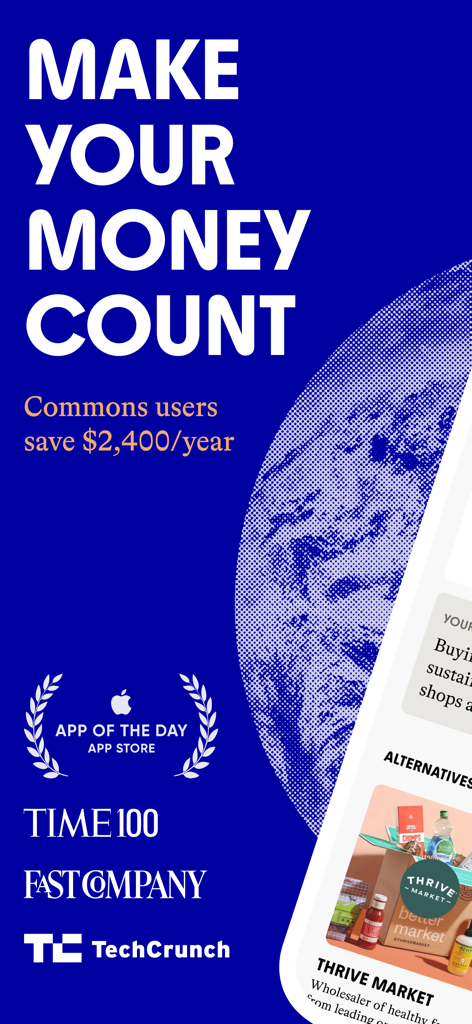 Commons: Make Your Money Count - Promotional screen for the Commons app featuring the headline Make Your Money Count and endorsements from Time and TechCrunch