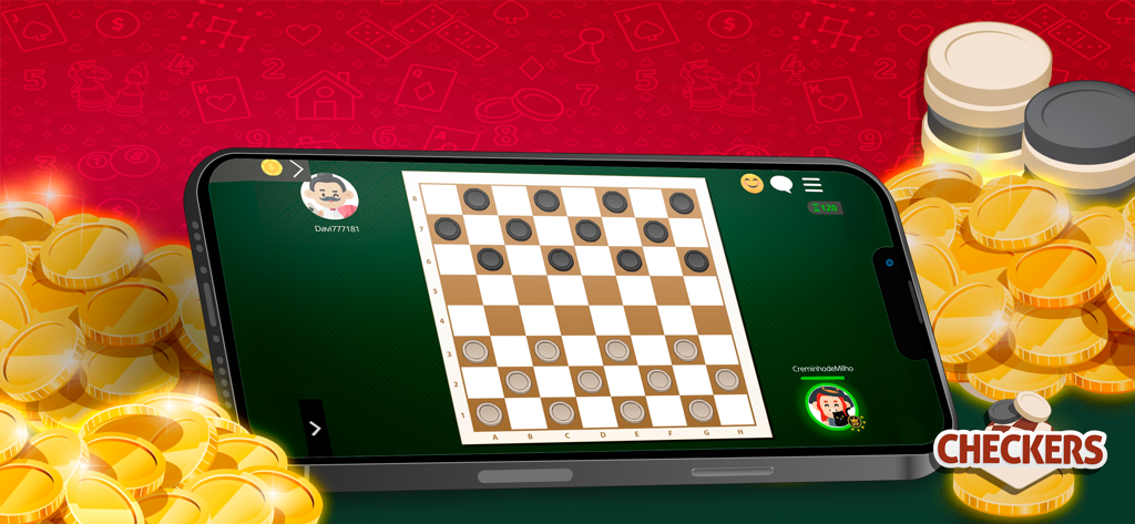 Online-Dame-Brettspiel auf einem Smartphone mit goldenen Münzen