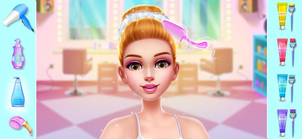 Dance Clash: Ballet vs Hip Hop - Un personaje de bailarina recibiendo un cambio de imagen de pelo en el minijuego del salón de Dance Clash