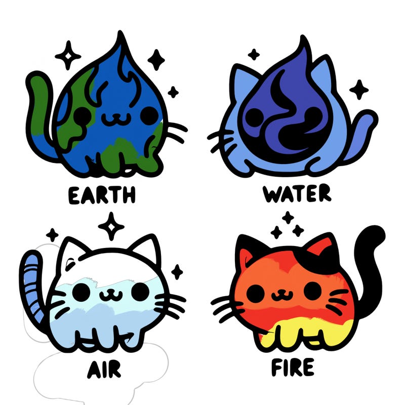 4 cats that represent the different elements, earth, water, air, and fire