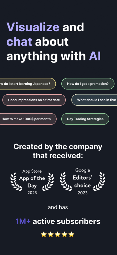 VisualMind App-Oberfläche, die KI-Chat-Themen und Auszeichnungen vom Apple App Store und Google Play anzeigt