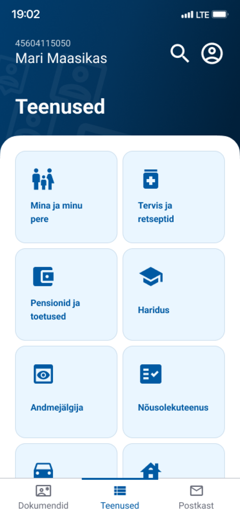 Eesti äpp - Pantalla principal de servicios de la aplicación de Estonia que muestra iconos para datos familiares, salud, educación y seguimiento de datos